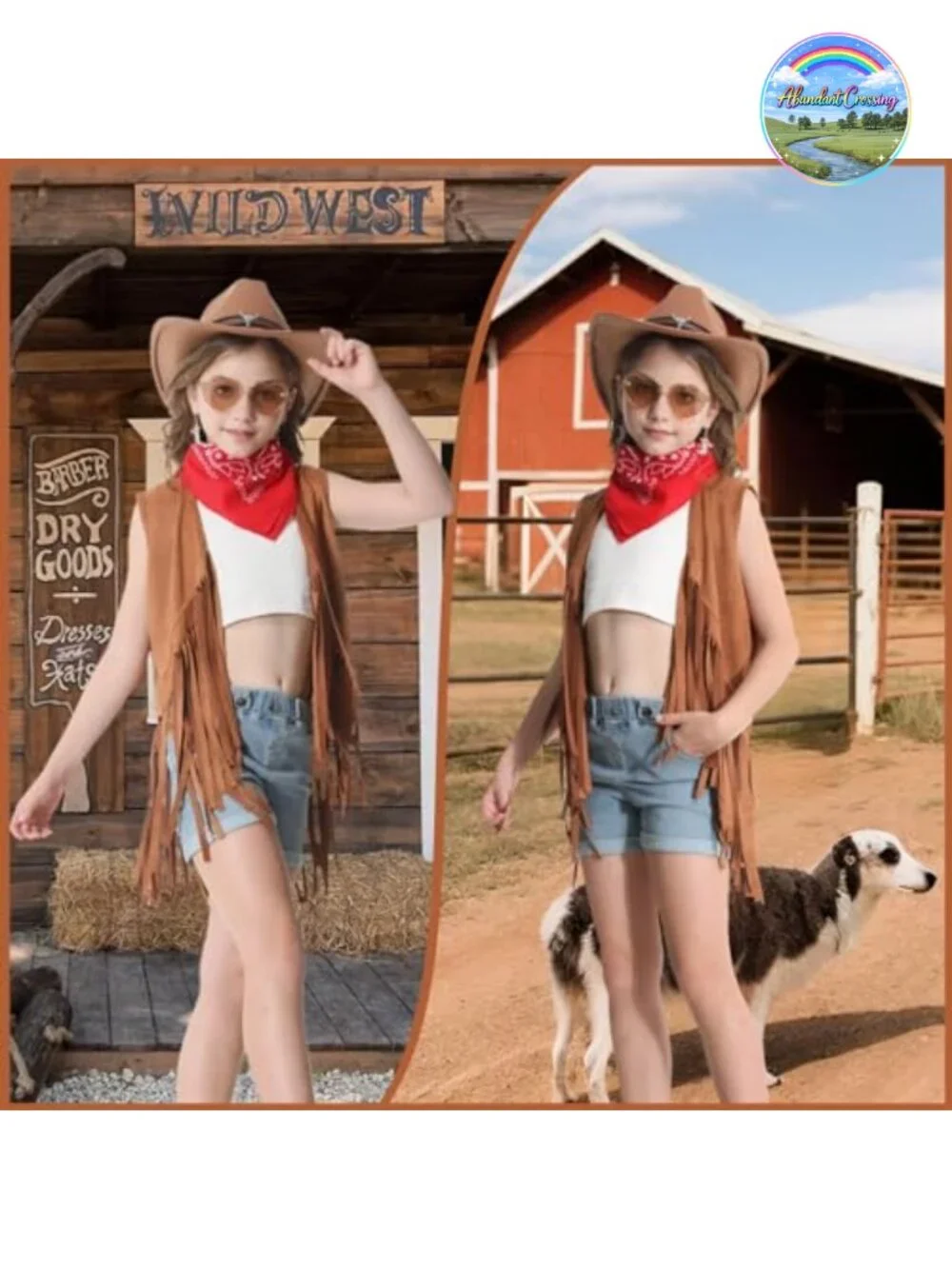 Girls Cowgirl Costume 6 Pc Set Fringe Vest Hat Earrings Halloween Western